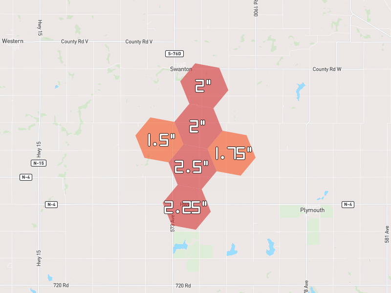 Hail map of Plymouth, NE on Jun 6, 2026, hail up to 2.5"