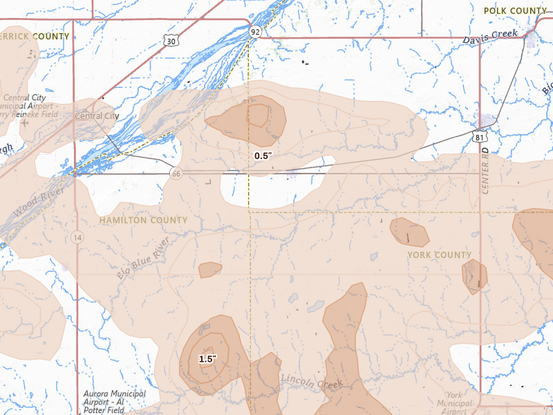 Radar-estimated hail-size map of the storm over Polk, NE on Jun 5, 2026