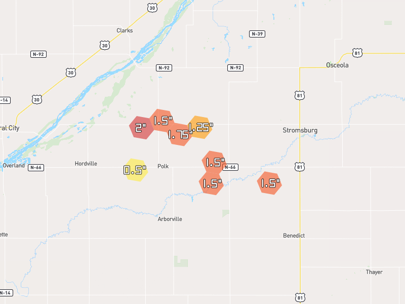 Hail map of Polk, NE on Jun 6, 2026, hail up to 2"