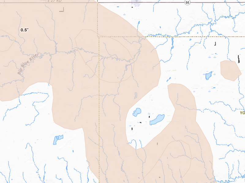 Radar-estimated hail-size map of the storm over Polk, NE on Aug 19, 2026