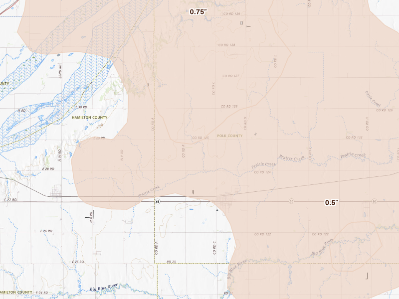 Radar-estimated hail-size map of the storm over Polk, NE