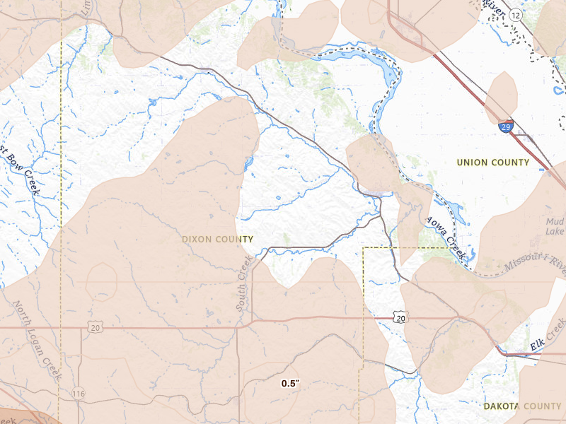 Radar-estimated hail-size map of the storm over Ponca, NE on Jun 29, 2026