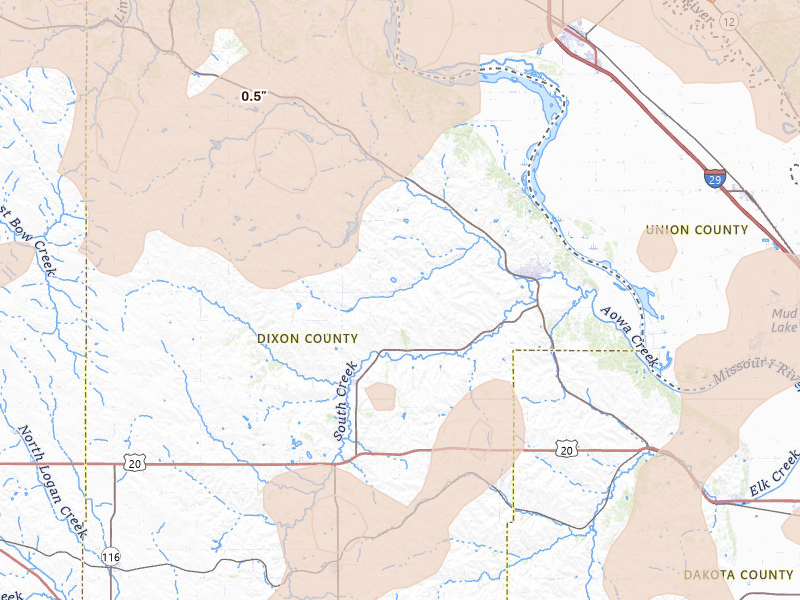 Radar-estimated hail-size map of the storm over Ponca, NE on Jul 2, 2026