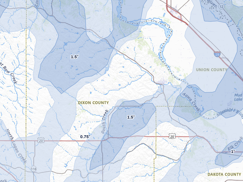 NEXRAD radar-signature map of the hail over Ponca, NE