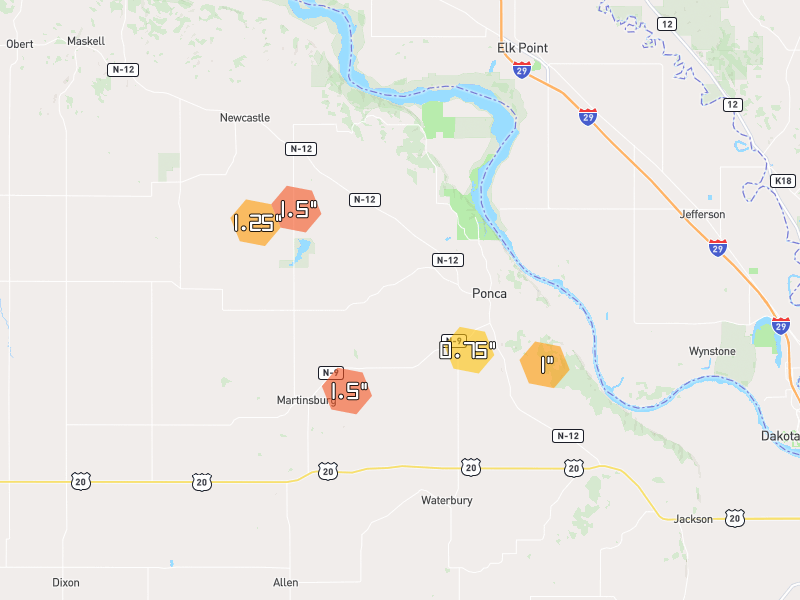 Hail map of Ponca, NE on Jul 3, 2026, hail up to 1.5"