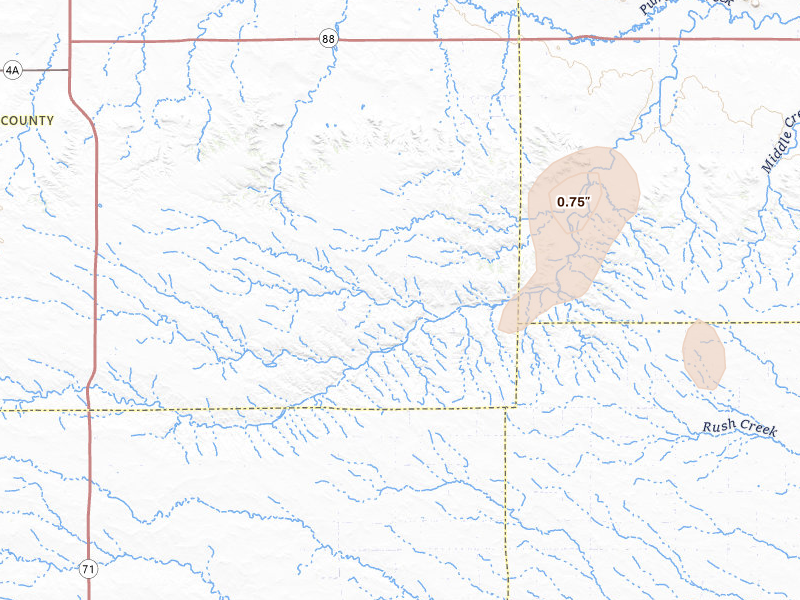 Radar-estimated hail-size map of the storm over Potter, NE on Jul 6, 2026