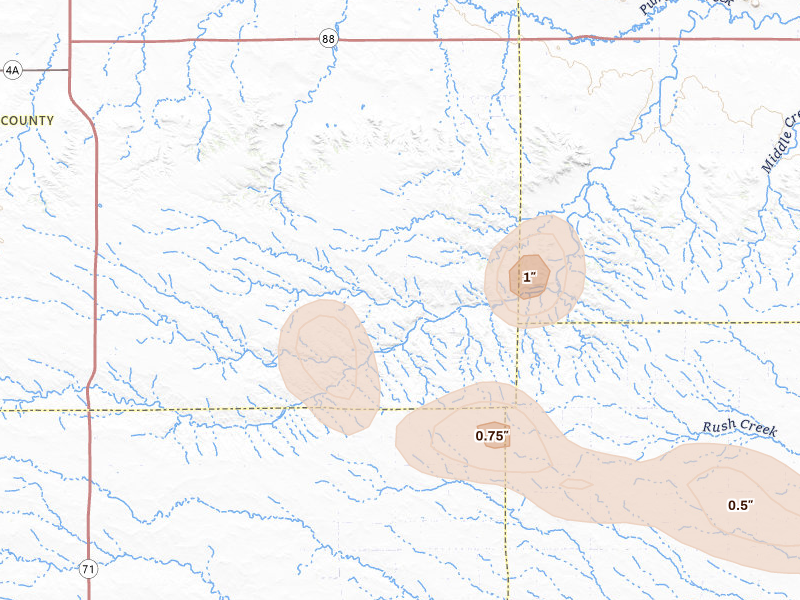 Radar-estimated hail-size map of the storm over Potter, NE on Jul 8, 2026