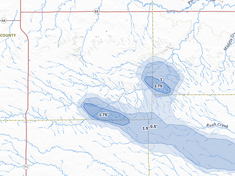 NEXRAD radar-signature map of the hail storm over Potter, NE on Jul 8, 2026