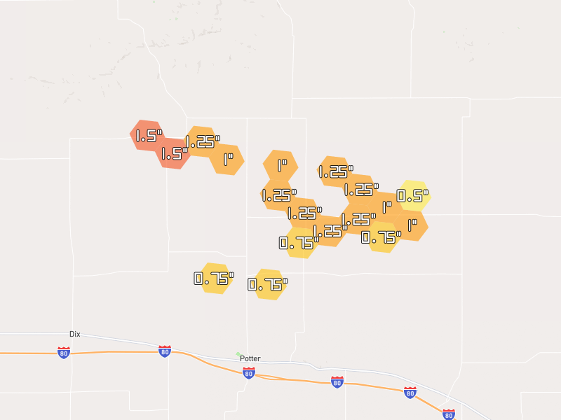 Hail map of Potter, NE on Jul 9, 2026, hail up to 1.5"