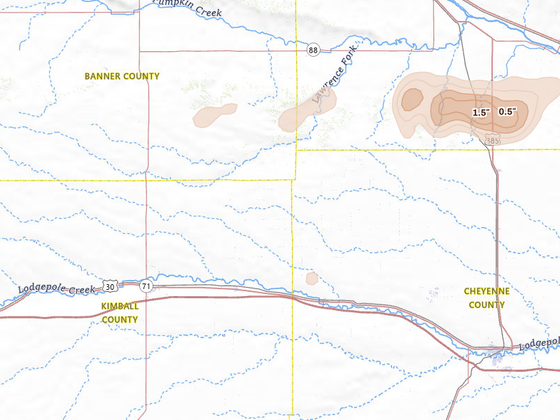 Radar-estimated hail-size map of the storm over Potter, NE on Aug 14, 2026