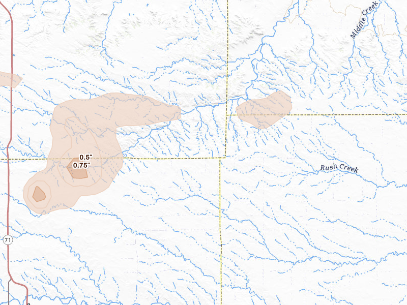Radar-estimated hail-size map of the storm over Potter, NE on Aug 16, 2026
