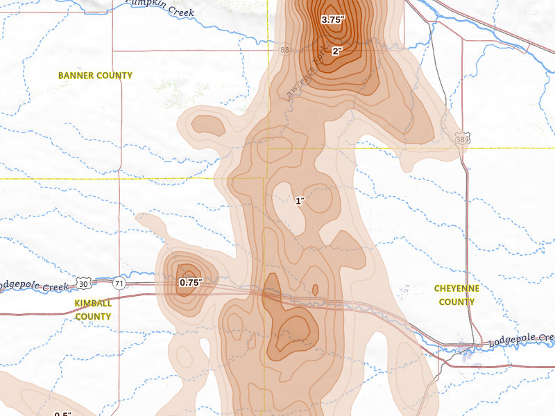 Radar-estimated hail-size map of the storm over Potter, NE on Aug 21, 2026