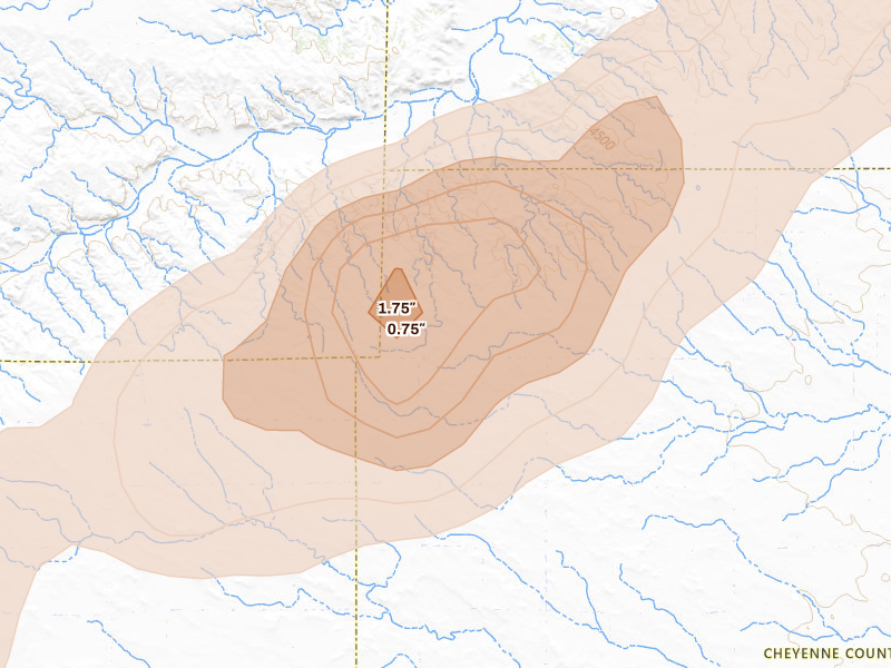 Radar-estimated hail-size map of the storm over Potter, NE on Aug 22, 2026