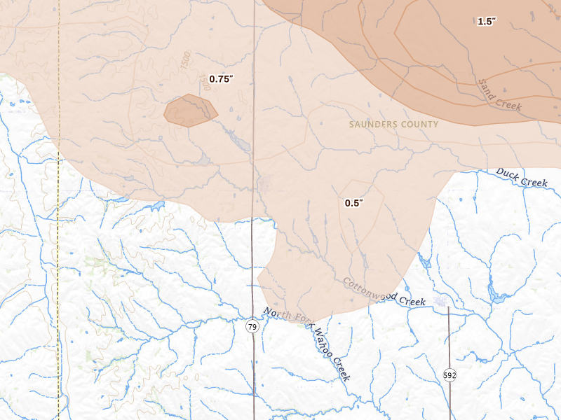 Radar-estimated hail-size map of the storm over Prague, NE