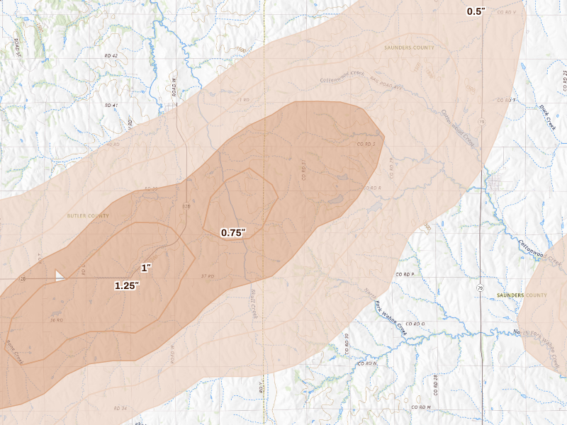 Radar-estimated hail-size map of the storm over Prague, NE on Sep 13, 2026