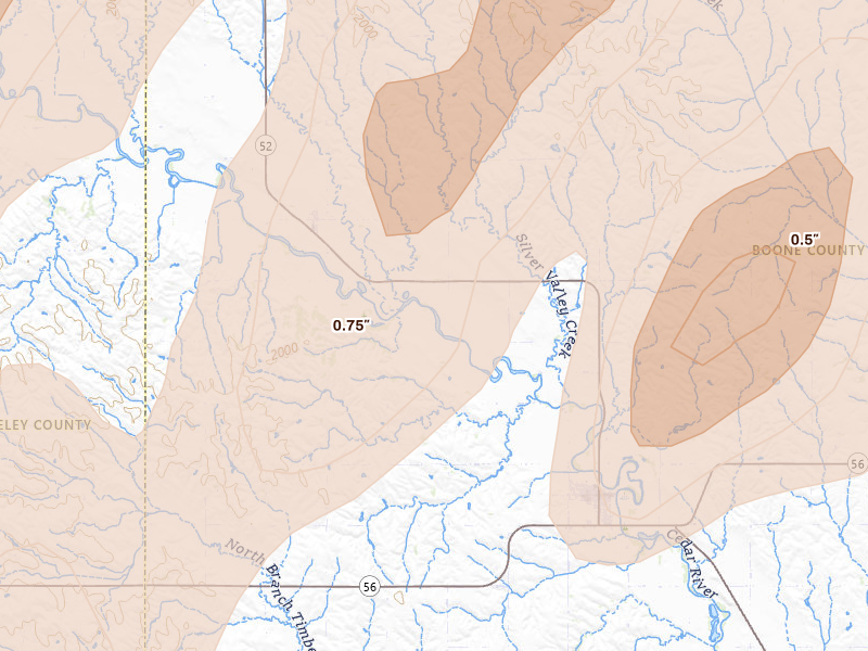 Radar-estimated hail-size map of the storm over Primrose, NE on Jun 29, 2026