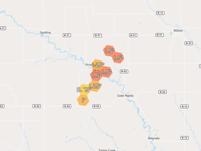 Hail map of Primrose, NE on Jun 30, 2026, hail up to 1.5"