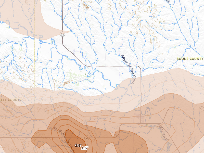 Radar-estimated hail-size map of the storm over Primrose, NE on Aug 17, 2026