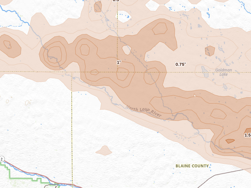 Radar-estimated hail-size map of the storm over Purdum, NE on Jun 20, 2026