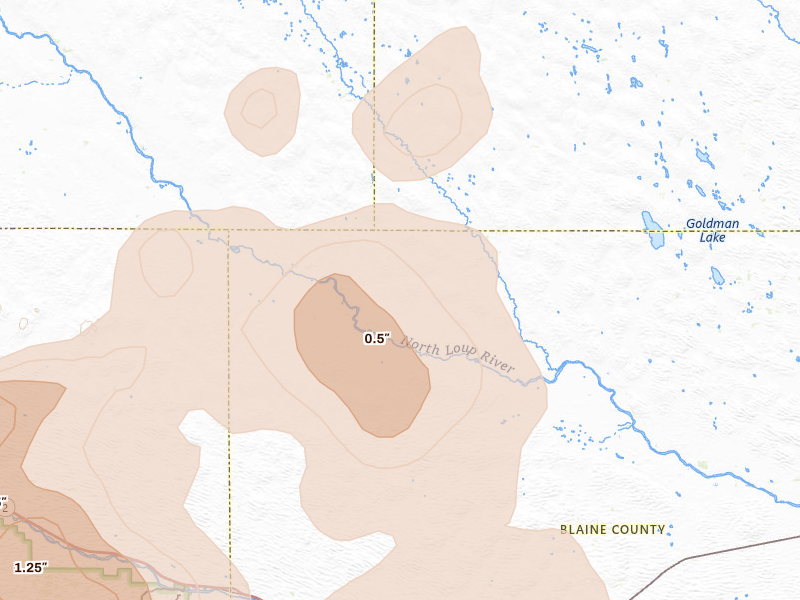 Radar-estimated hail-size map of the storm over Purdum, NE on Jul 27, 2026
