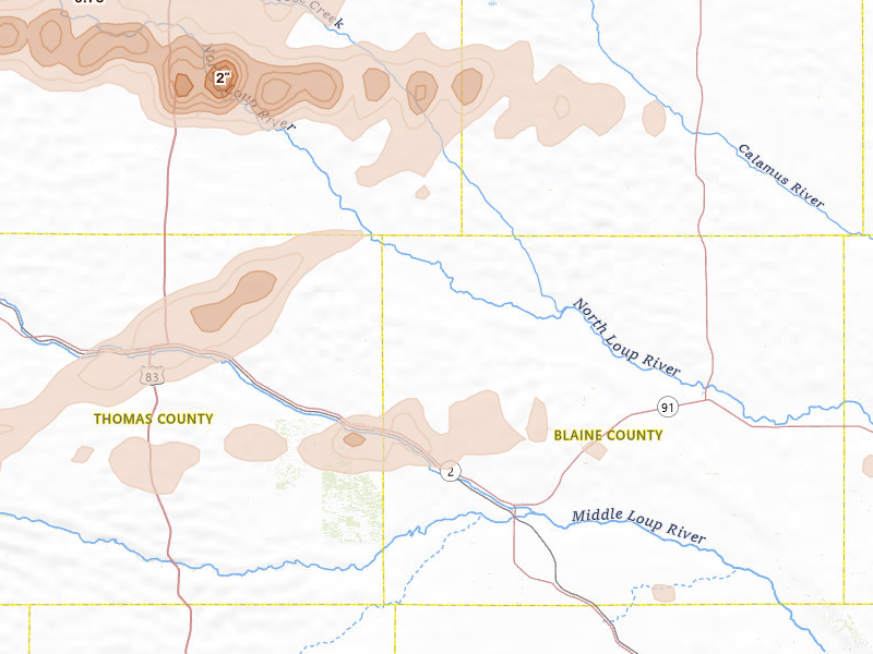 Radar-estimated hail-size map of the storm over Purdum, NE on Aug 3, 2026