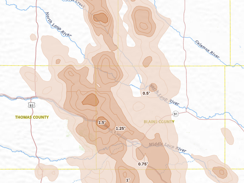 Radar-estimated hail-size map of the storm over Purdum, NE on Aug 20, 2026