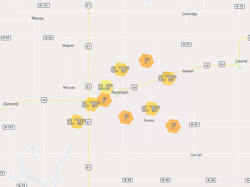 Hail map of Randolph, NE on Jun 30, 2026, hail up to 1"