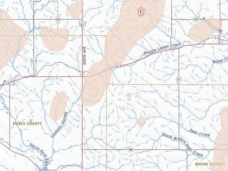 Radar-estimated hail-size map of the storm over Randolph, NE on Jul 2, 2026
