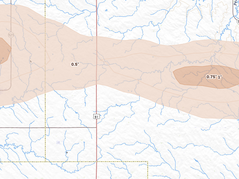 Radar-estimated hail-size map of the storm over Randolph, NE on Aug 11, 2026