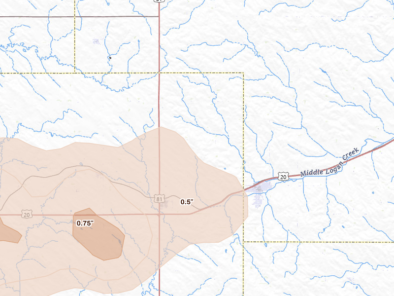 Radar-estimated hail-size map of the storm over Randolph, NE on Sep 1, 2026