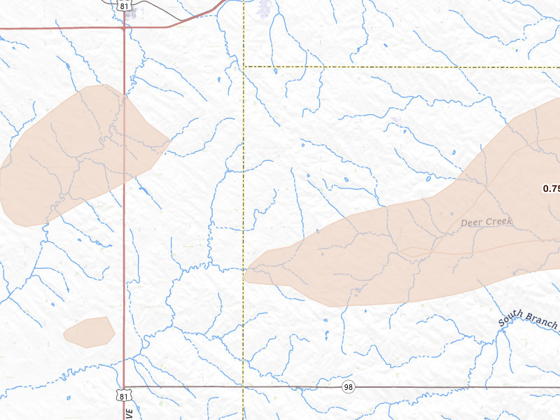 Radar-estimated hail-size map of the storm over Randolph, NE on Sep 5, 2026