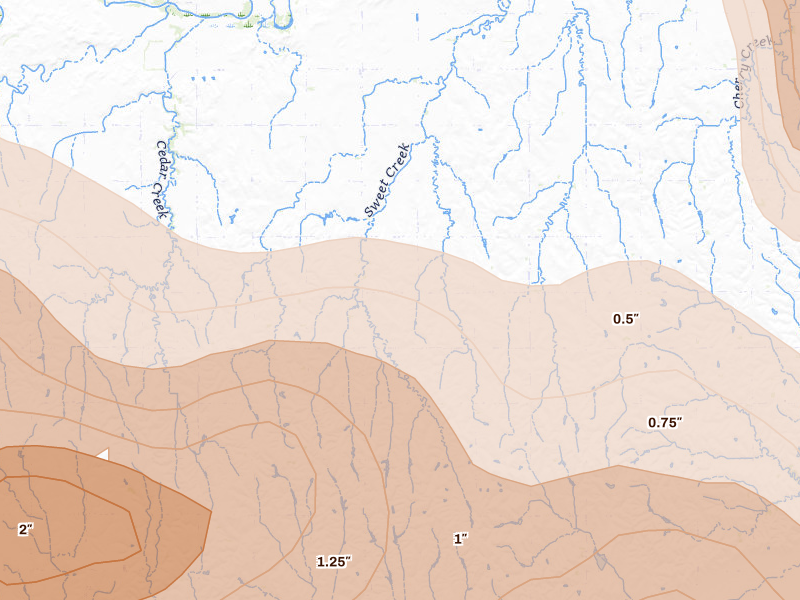 Radar-estimated hail-size map of the storm over Ravenna, NE on May 16, 2026