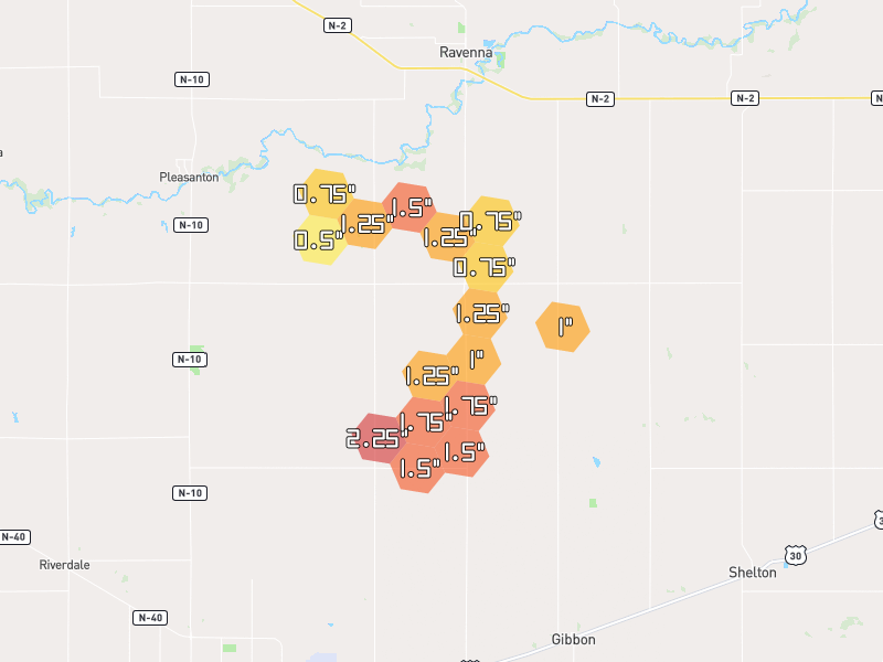 Hail map of Ravenna, NE on Jun 6, 2026, hail up to 2.25"
