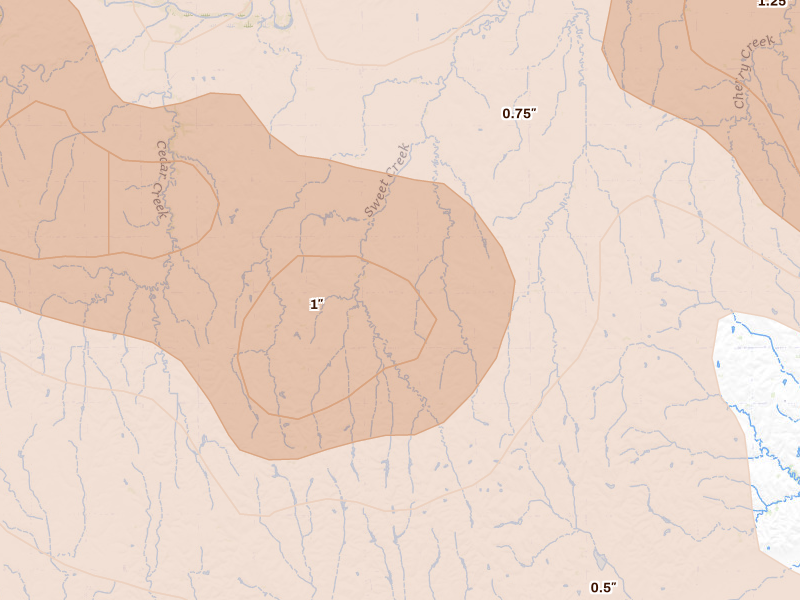 Radar-estimated hail-size map of the storm over Ravenna, NE on Jun 20, 2026