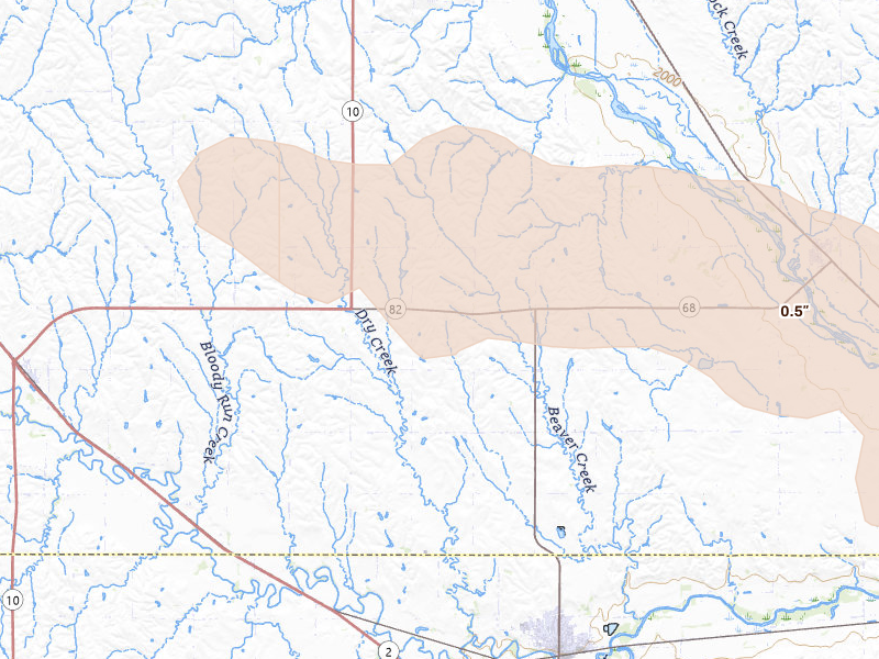 Radar-estimated hail-size map of the storm over Ravenna, NE on Aug 17, 2026