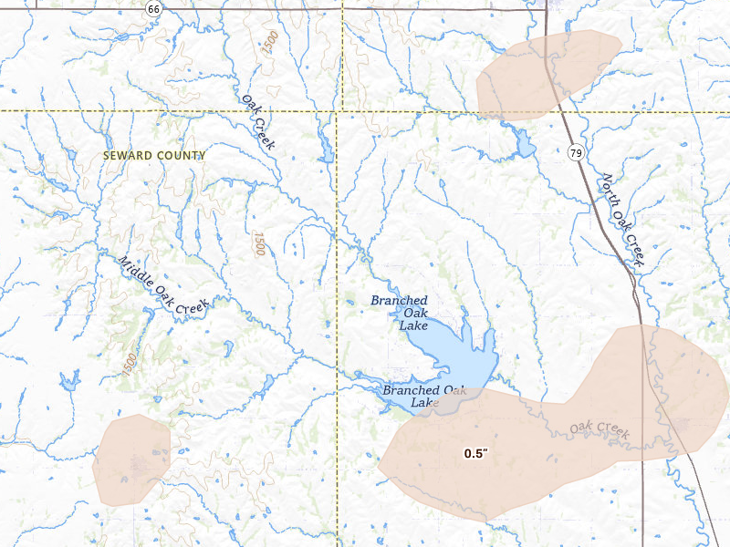 Radar-estimated hail-size map of the storm over Raymond, NE on May 16, 2026