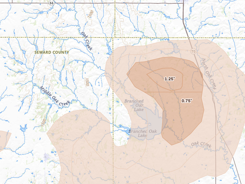 Radar-estimated hail-size map of the storm over Raymond, NE on Jun 5, 2026