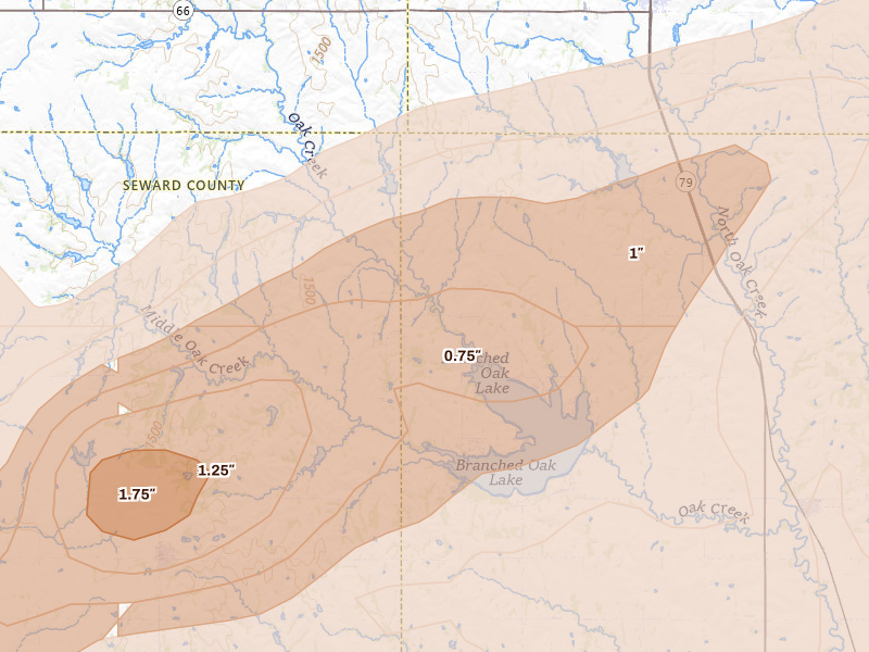 Radar-estimated hail-size map of the storm over Raymond, NE on Jun 10, 2026