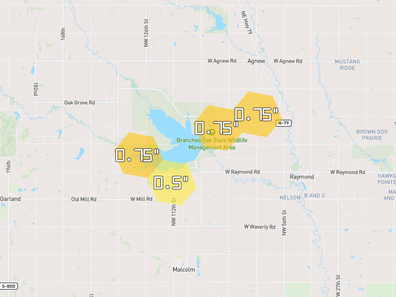 Hail map of Raymond, NE on Jul 3, 2026, hail up to 0.75"