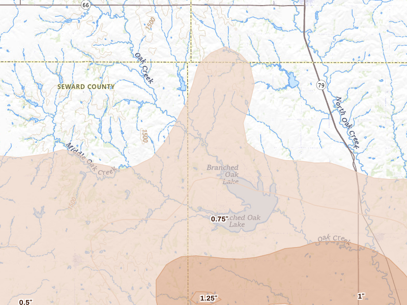 Radar-estimated hail-size map of the storm over Raymond, NE on Aug 19, 2026