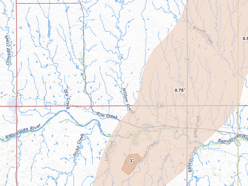 Radar-estimated hail-size map of the storm over Red Cloud, NE on May 17, 2026