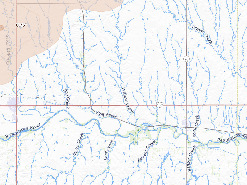 Radar-estimated hail-size map of the storm over Red Cloud, NE on Jul 8, 2026