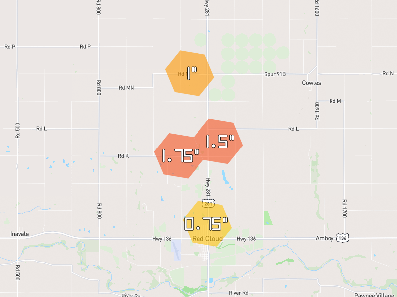 Hail map of Red Cloud, NE on Jul 8, 2026, hail up to 1.75"