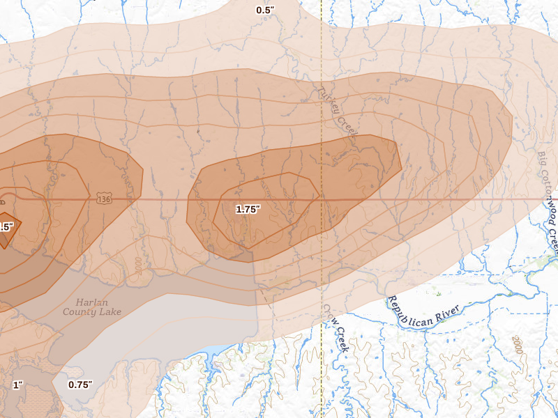 Radar-estimated hail-size map of the storm over Republican City, NE on Jun 8, 2026