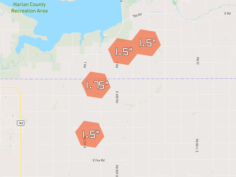 Hail map of Republican City, NE on Jun 9, 2026, hail up to 1.75"
