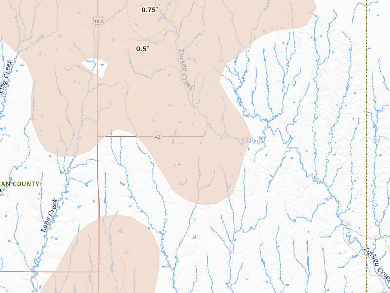 Radar-estimated hail-size map of the storm over Republican City, NE on Aug 13, 2026