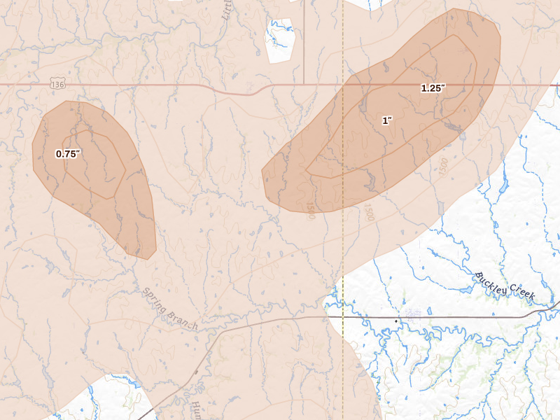 Radar-estimated hail-size map of the storm over Reynolds, NE on May 16, 2026