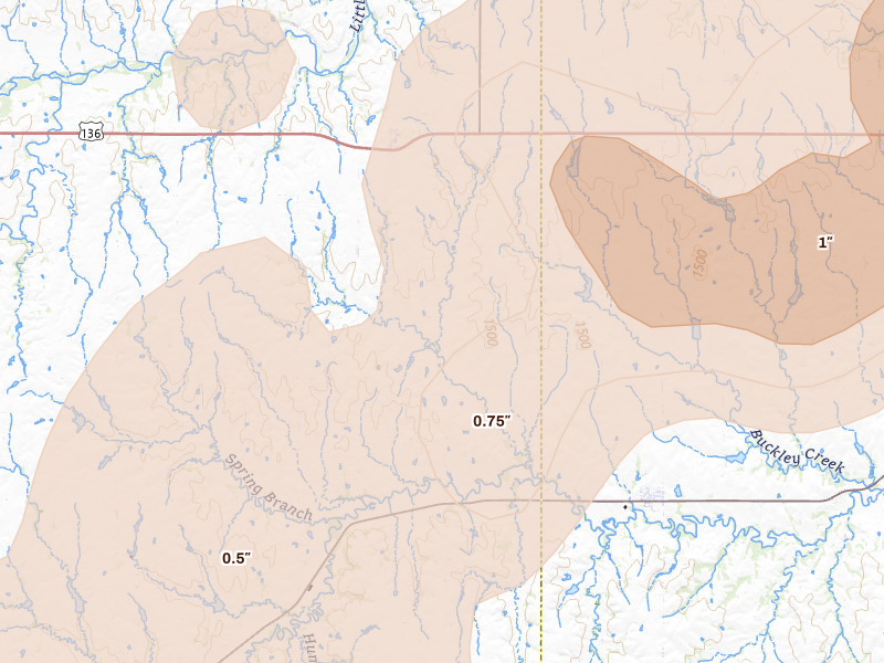Radar-estimated hail-size map of the storm over Reynolds, NE on May 18, 2026