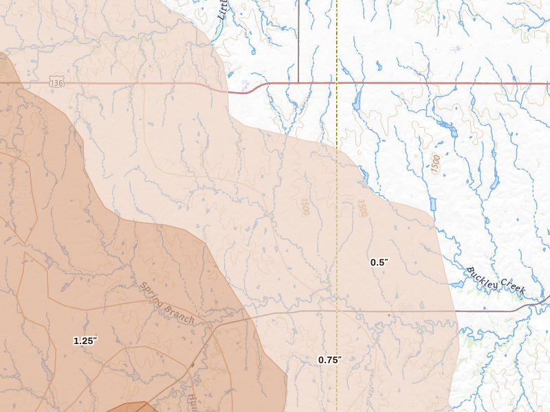 Radar-estimated hail-size map of the storm over Reynolds, NE on Jul 3, 2026