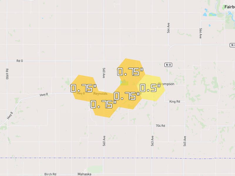 Hail map of Reynolds, NE on Jul 9, 2026, hail up to 0.75"